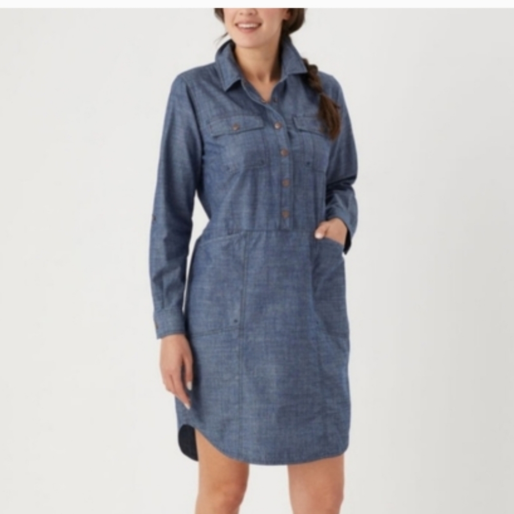 Farm Girl Denim Gardening Roostock Dress Duluth Trading Organic Cotton SZ XS